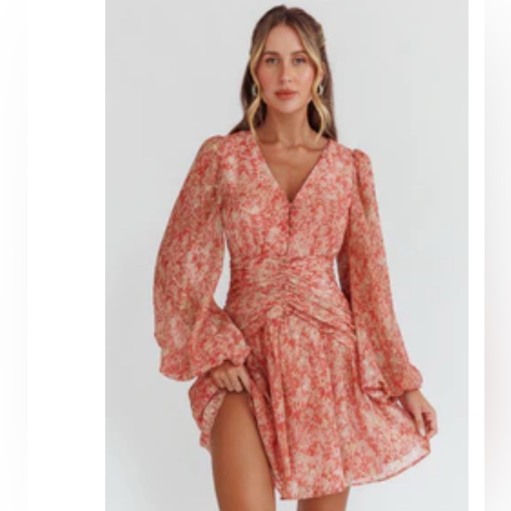 NWT - Pinkblush - Pink Long Sleeve V Neck Chiffon Mid Dress - Medium